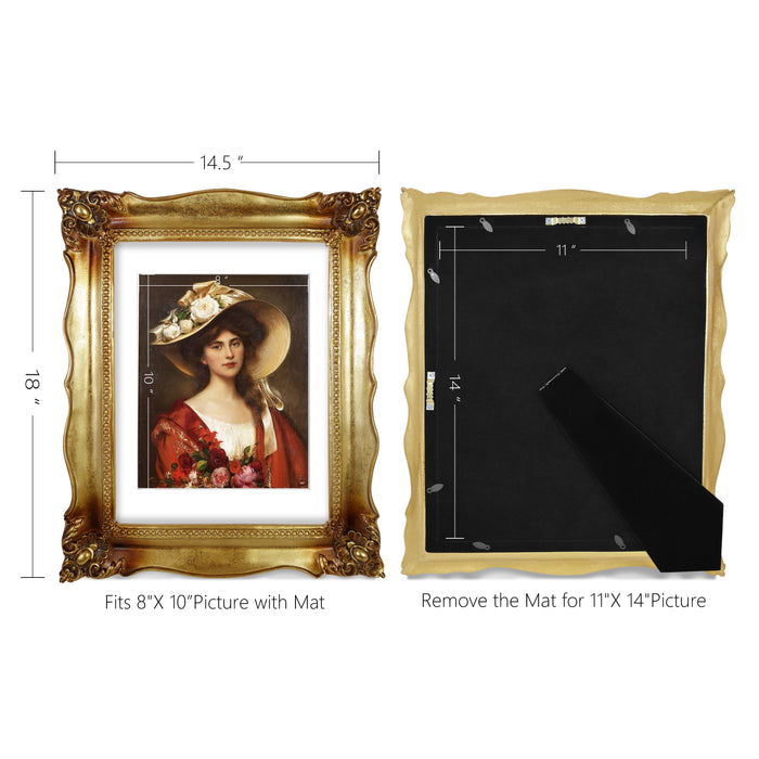An antique gold picture frame with a white mat, displayed with a picture of a woman in a red dress and a wide-brimmed hat.