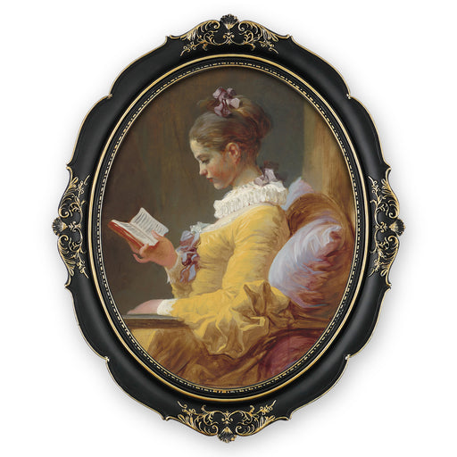 Black and gold oval picture frame with ornate scroll carvings and beaded inner border, front view on white background