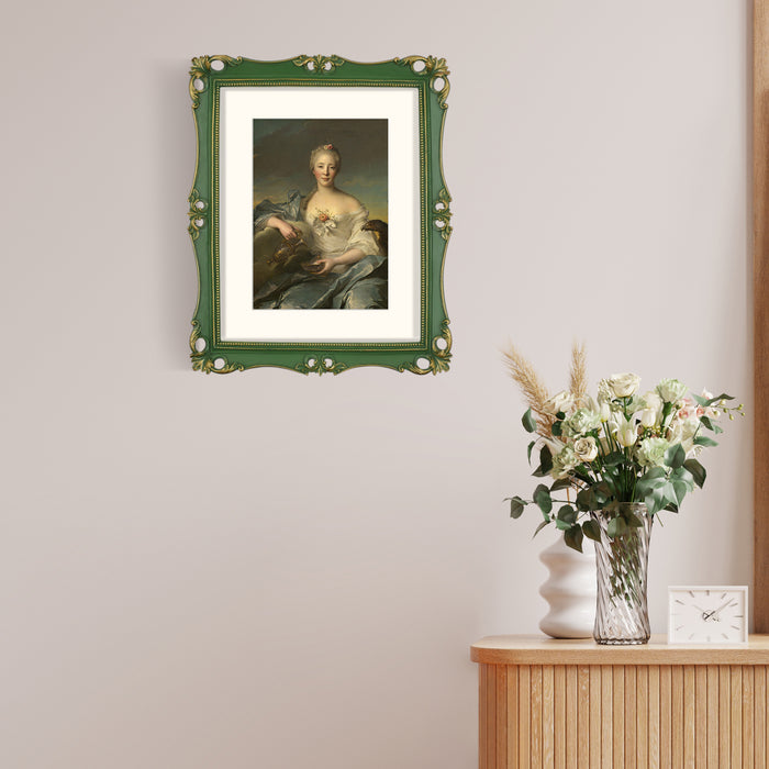 An 11x14-inch picture frame with a mat for an 8x10-inch photo, featuring sculpted edges and decorative accents in a hand-painted antique style finish.