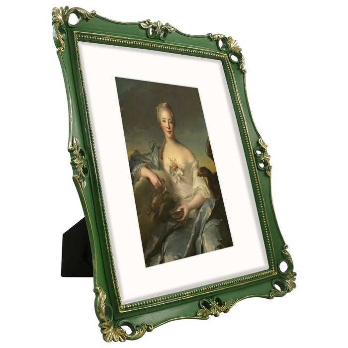 An 11x14-inch picture frame with a mat for an 8x10-inch photo, featuring sculpted edges and decorative accents in a hand-painted antique style finish.