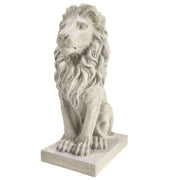 The lion sculpture is made from resin, with a beige finish that enhances its intricate textures.