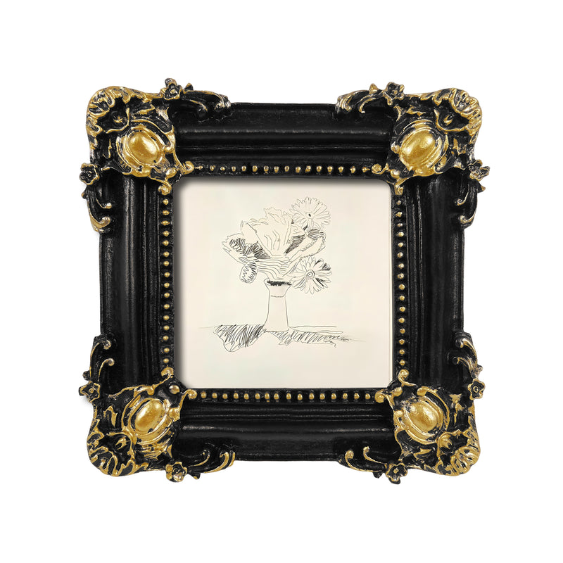 Black Picture Frame for 3x3 Image, Rustic Floral Frame for Tabletop or Wall Display, Square Small Photo Frame