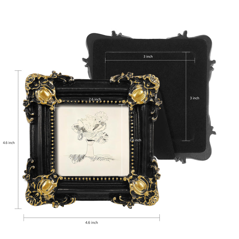 Black Picture Frame for 3x3 Image, Rustic Floral Frame for Tabletop or Wall Display, Square Small Photo Frame