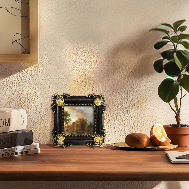 Black Picture Frame for 3x3 Image, Rustic Floral Frame for Tabletop or Wall Display, Square Small Photo Frame