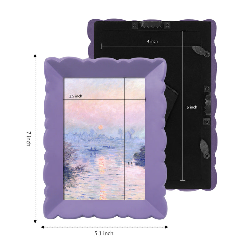 Purple photo frame with dimensions and a black back panel on a white background