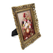 Gold 4x6 / 5x7 vintage picture frame with scalloped border and floral design for wall and tabletop display, hand-painted