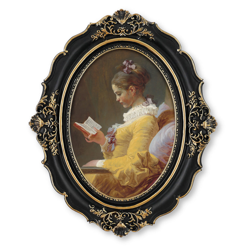 An oval-shaped black picture frame with embossed flourish details. It is designed for both wall and tabletop display.