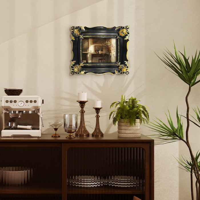Decorative setup with a coffee machine, candles, and plants on a wooden console table.
