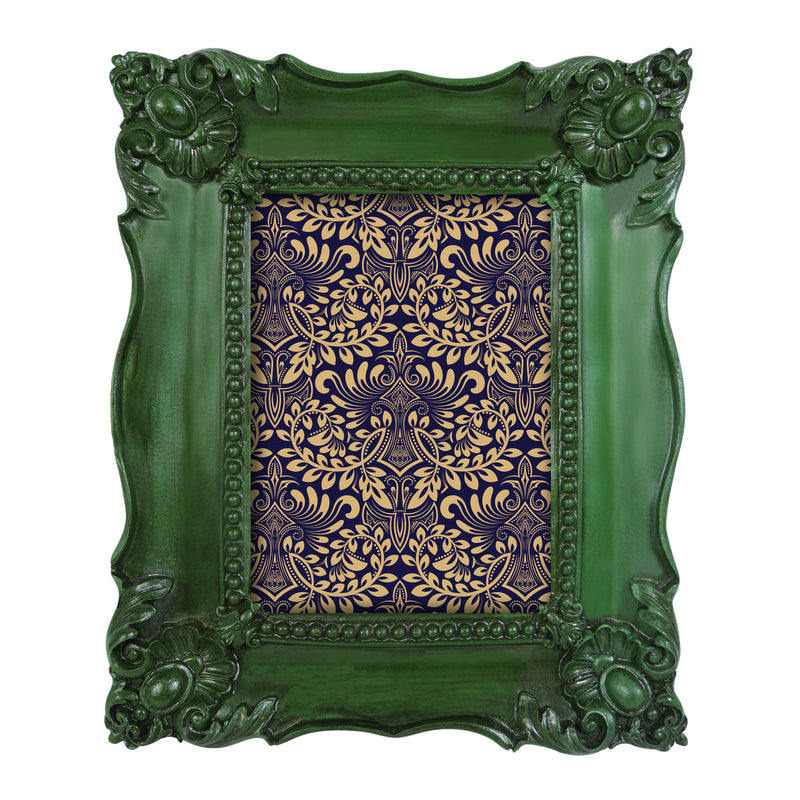 Decorative green frame with a gold and purple patterned interior on a white background.