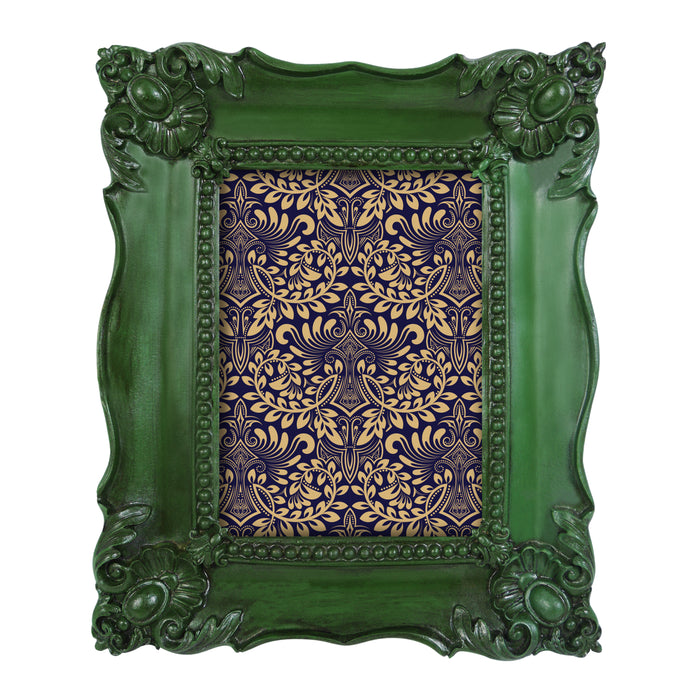 Decorative green frame with a gold and purple patterned interior on a white background.