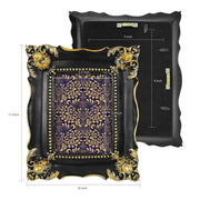 Decorative black and gold frame with intricate patterns, shown from multiple angles with measurements.