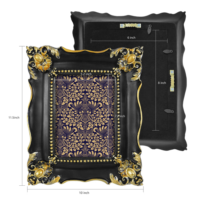 Decorative black and gold frame with intricate patterns, shown from multiple angles with measurements.