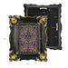 Decorative black and gold frame with intricate patterns, shown from multiple angles with measurements.