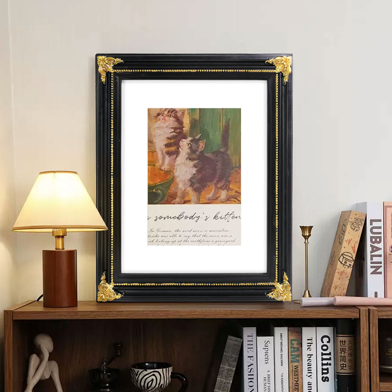 Black vintage 8x10 picture frame matted for 5x7 image, floral beaded border for wall and tabletop display
