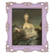 An ornate vintage-inspired picture frame with purple edges and gold accents, designed for an 8x10-inch picture, featuring a decorative painting of a woman inside.