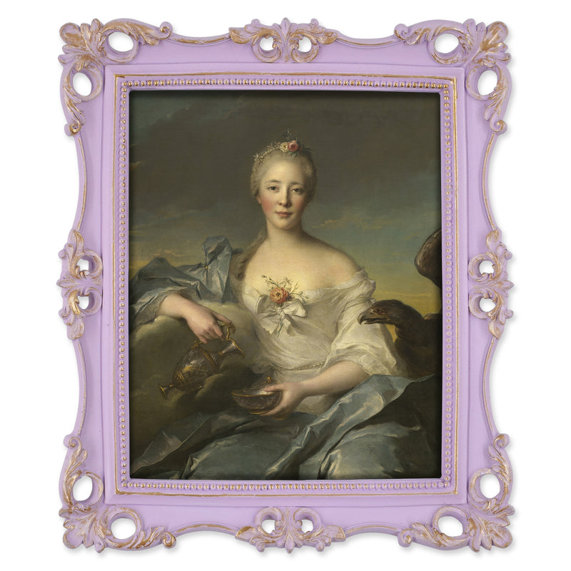 An ornate vintage-inspired picture frame with purple edges and gold accents, designed for an 8x10-inch picture, featuring a decorative painting of a woman inside.