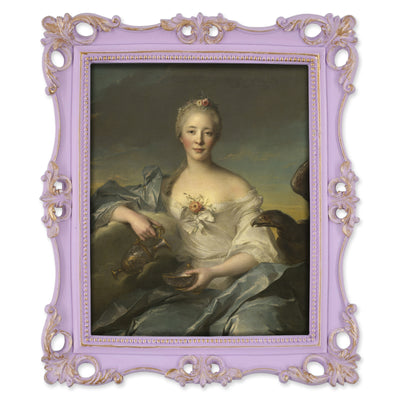 An ornate vintage-inspired picture frame with purple edges and gold accents, designed for an 8x10-inch picture, featuring a decorative painting of a woman inside.