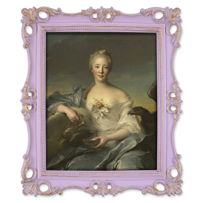An ornate vintage-inspired picture frame with purple edges and gold accents, designed for an 8x10-inch picture, featuring a decorative painting of a woman inside.