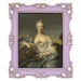 An ornate vintage-inspired picture frame with purple edges and gold accents, designed for an 8x10-inch picture, featuring a decorative painting of a woman inside.
