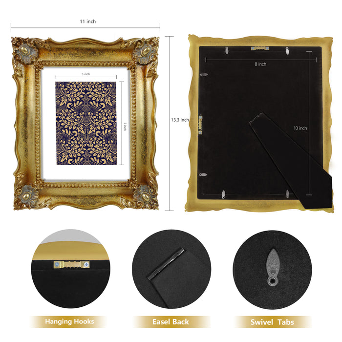 An antique gold picture frame with a white mat, displayed portrait or landscape.