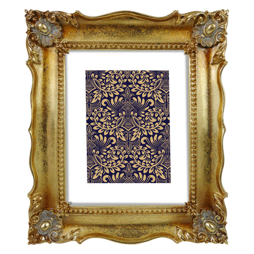 Antique bronze picture frame with a white mat, displayed with a picture of a vintage drawing.