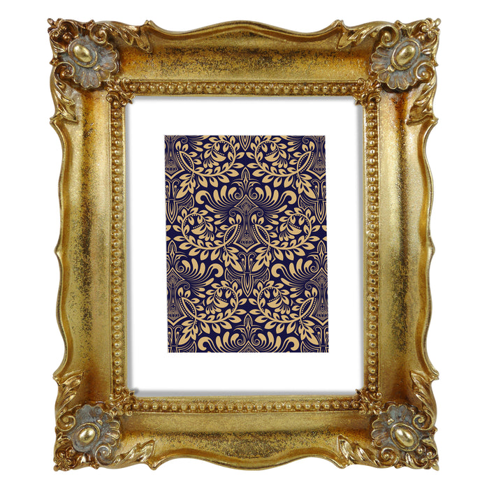 Antique bronze picture frame with a white mat, displayed with a picture of a vintage drawing.
