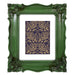 A vintage picture frame with hand-carved floral details in dark green, displayed around a portrait painting.