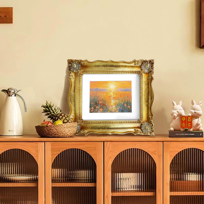 An antique gold picture frame with a white mat, displayed portrait or landscape.