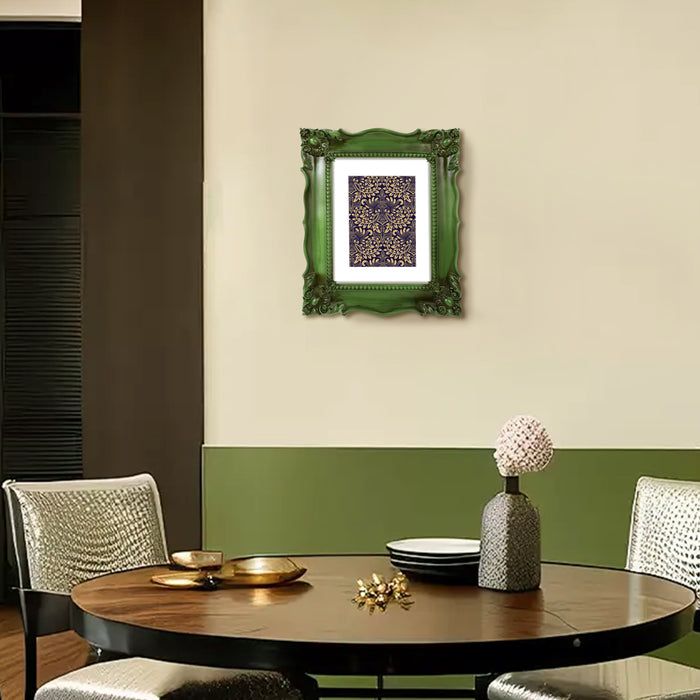 Vintage Picture Frame with Hand-Carved Floral Details, Dark Green Frames for Wall and Tabletop