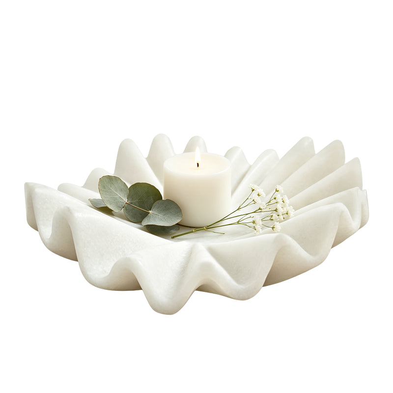 White Marble Style Decorative Bowl, Modern Ruffled Wavy Design Centerpiece for Coffee Table, Dining Room, Entryway, and Home Decor