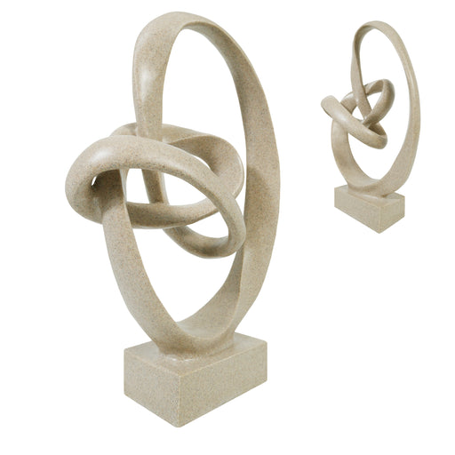 Beige abstract sculpture with intertwined loops on a white background