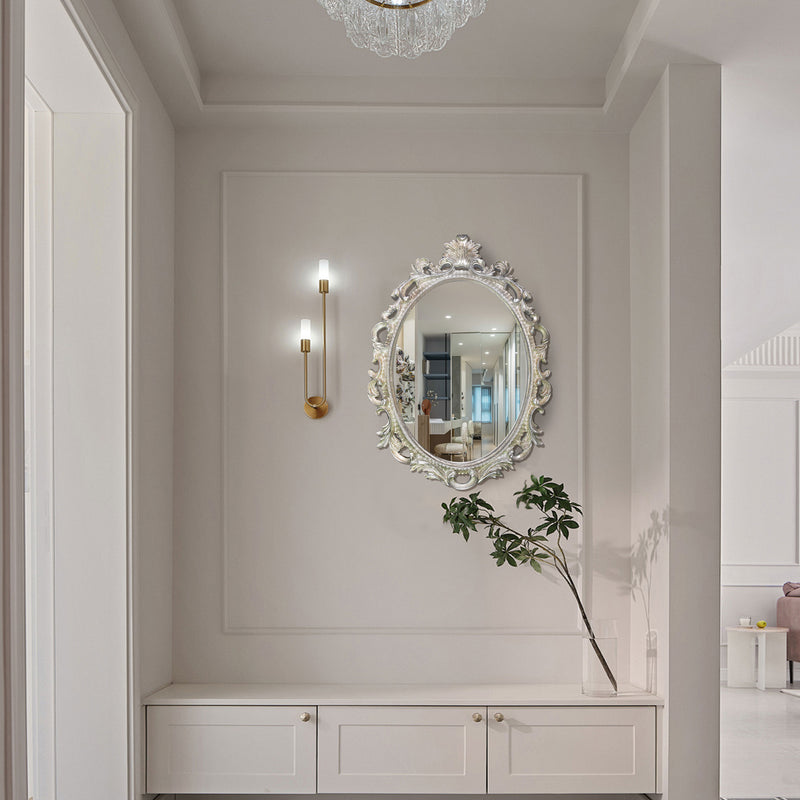 Antique Silver Wall Mounted Mirrors with Scroll Design for Entryways Living Dressing Room Bedroom, Vintage Vanity Oval Mirror