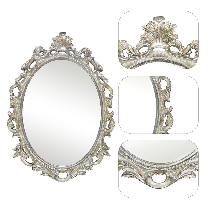Antique Silver Wall Mounted Mirrors with Scroll Design for Entryways Living Dressing Room Bedroom, Vintage Vanity Oval Mirror