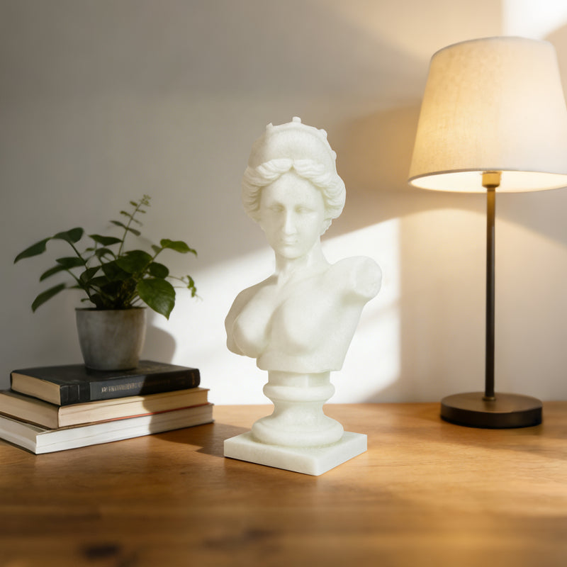 Aphrodite Bust Sculpture, 13.5" Tall Classic Greek Goddess Venus Statue with White Sparkle Finish for Modern Home Office Wedding Décor