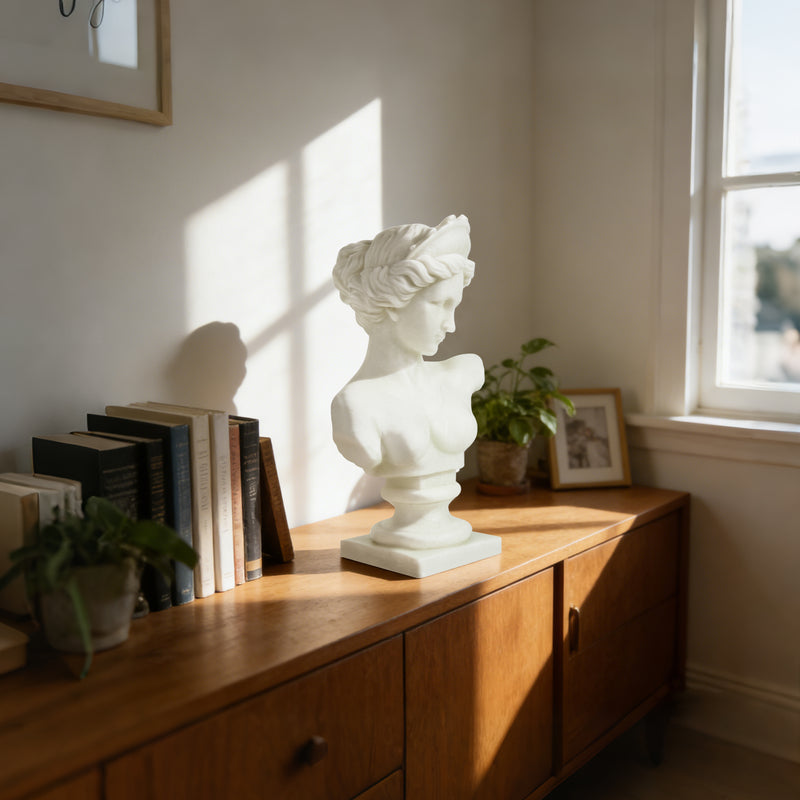Aphrodite Bust Sculpture, 13.5" Tall Classic Greek Goddess Venus Statue with White Sparkle Finish for Modern Home Office Wedding Décor
