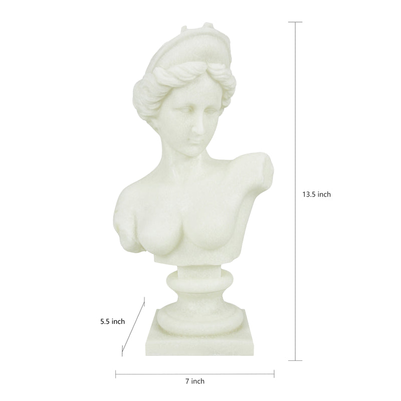 Aphrodite Bust Sculpture, 13.5" Tall Classic Greek Goddess Venus Statue with White Sparkle Finish for Modern Home Office Wedding Décor