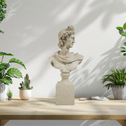 Bust of a classical figure on a wooden table with potted plants.