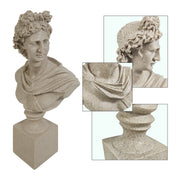 Stone bust sculpture with detailed drapery and floral headpiece on a white background