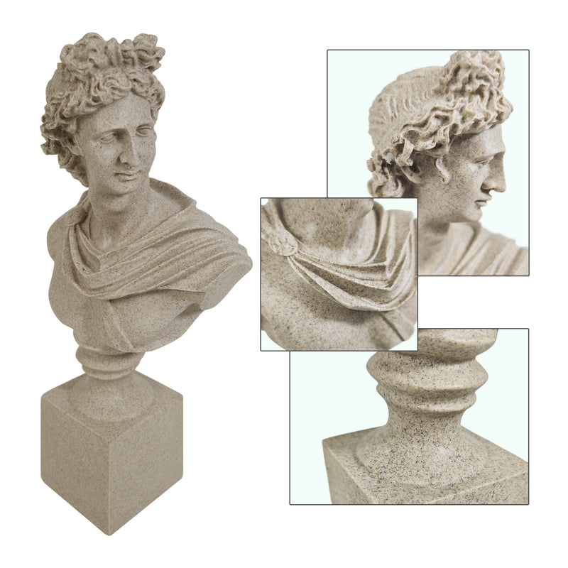 Stone bust sculpture with detailed drapery and floral headpiece on a white background