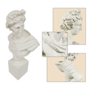 White marble bust with close-up insets on a beige background