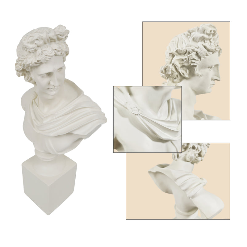 White marble bust with close-up insets on a beige background