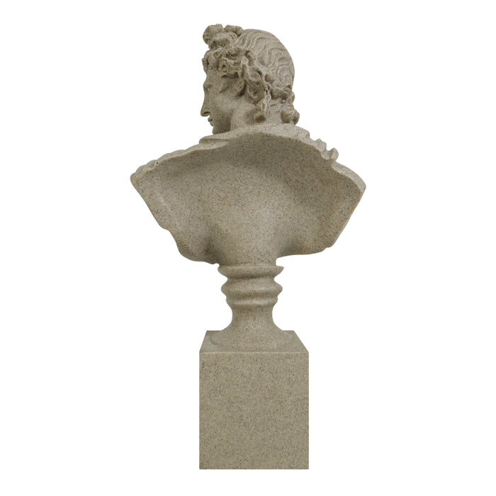 Stone bust on a pedestal against a white background.
