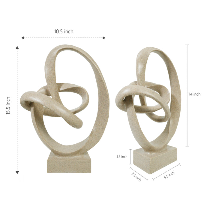 Beige abstract sculptures with dimensions indicated on a white background