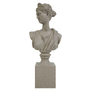 Stone bust of a classical woman on a pedestal against a white background.