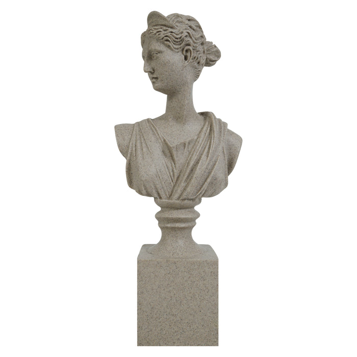 Stone bust of a classical woman on a pedestal against a white background.
