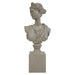 Stone bust of a classical woman on a pedestal against a white background.