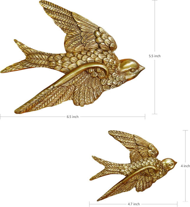 Birds Wall Art Décor, Vintage Gold Wall Sculpture for Living Room Bedroom Hallway, Set of 2