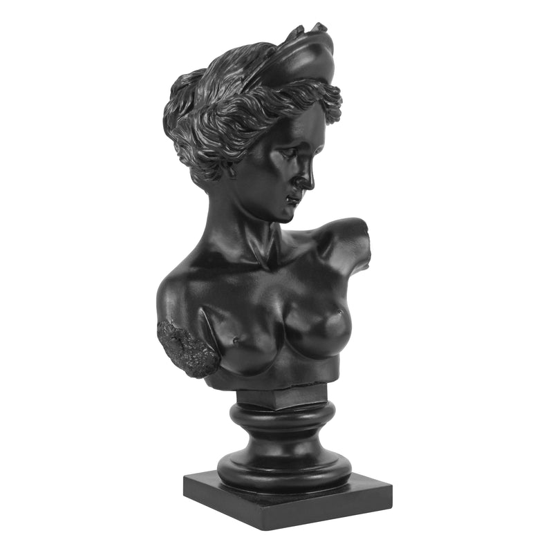 Black classical bust sculpture on a white background