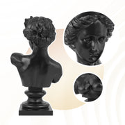 Black classical bust sculpture on a white background