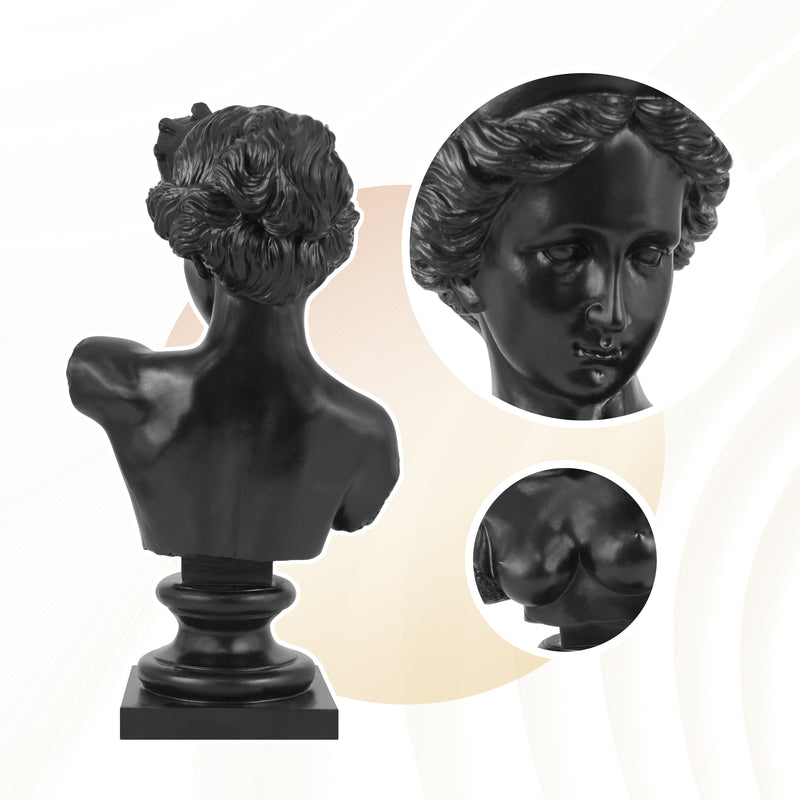 Black classical bust sculpture on a white background